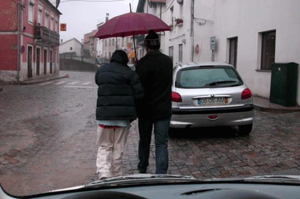 Na condução com chuva, a possibilidade de comportamentos desatentos dos peões é, sempre, um aspecto a considerar. — pergunta R2Q0350 do exame de código IMT